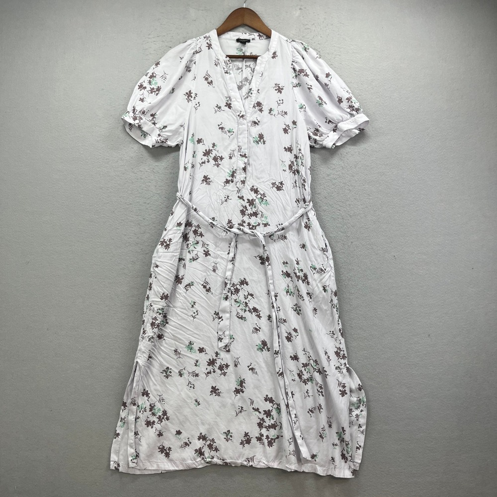 Ann Taylor Factory Maxi Dress Womens Medium White Floral Puff Sleeve Belted Boho